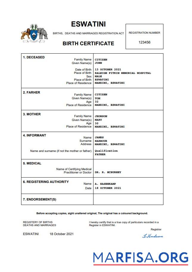 Printable Eswatini birth certificate Word and PDF template
